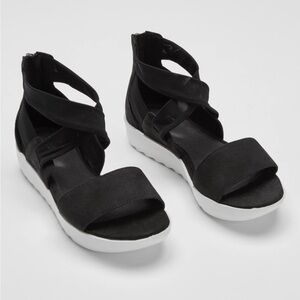 Eileen Fisher Kash Tumbled Nubuck Leather Black Mesh Zip Back Sandals Size 6.5